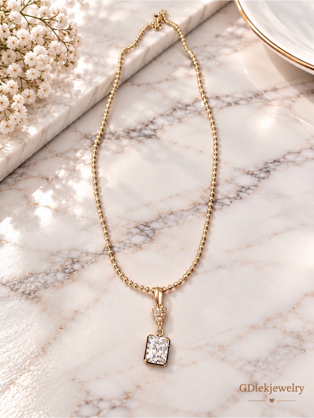 Gold Filled Drop Necklace with Rectangular CZ Pendant